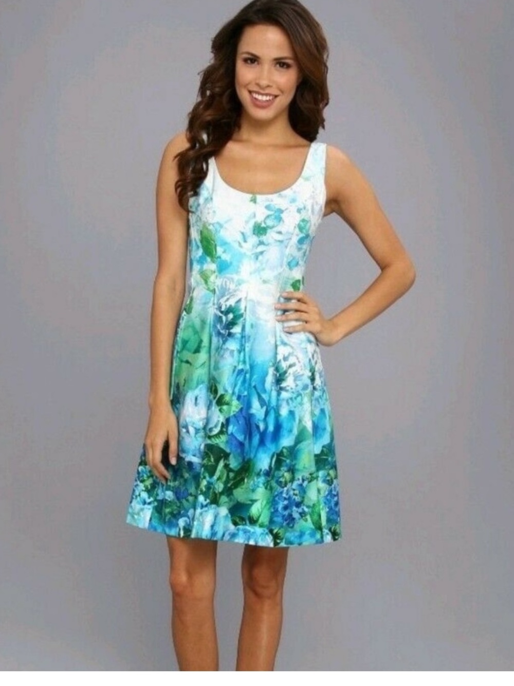 Nine West Dress Womens Size 12 Cotton Floral Blue Green White Sleeveless Zip